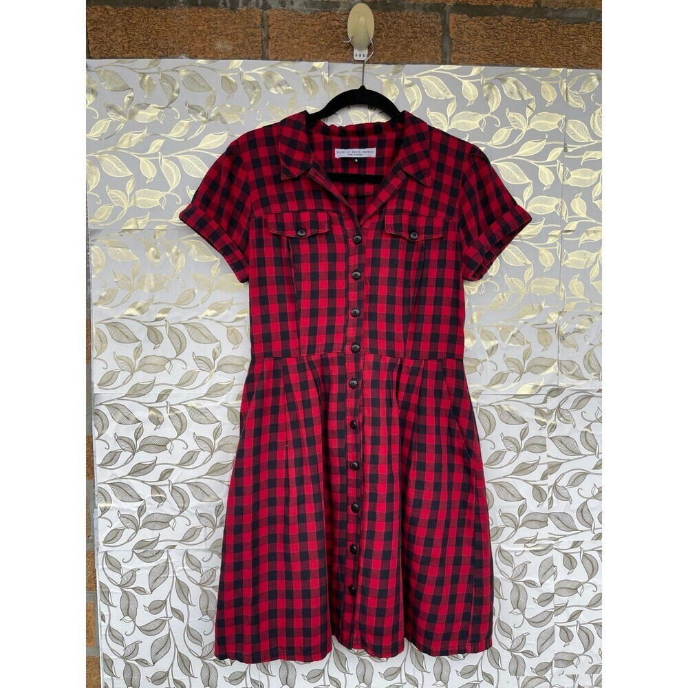 Birds of North America Red Gingham Plaid Button Front Fit Flare Mini Dress 8